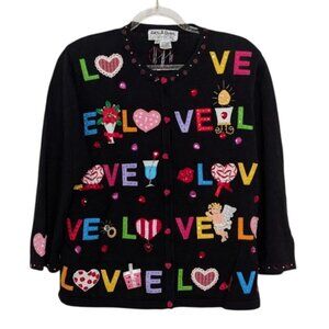Jack B Quick Love Cardigan Womens Size Medium Black Embellished Valentines Day